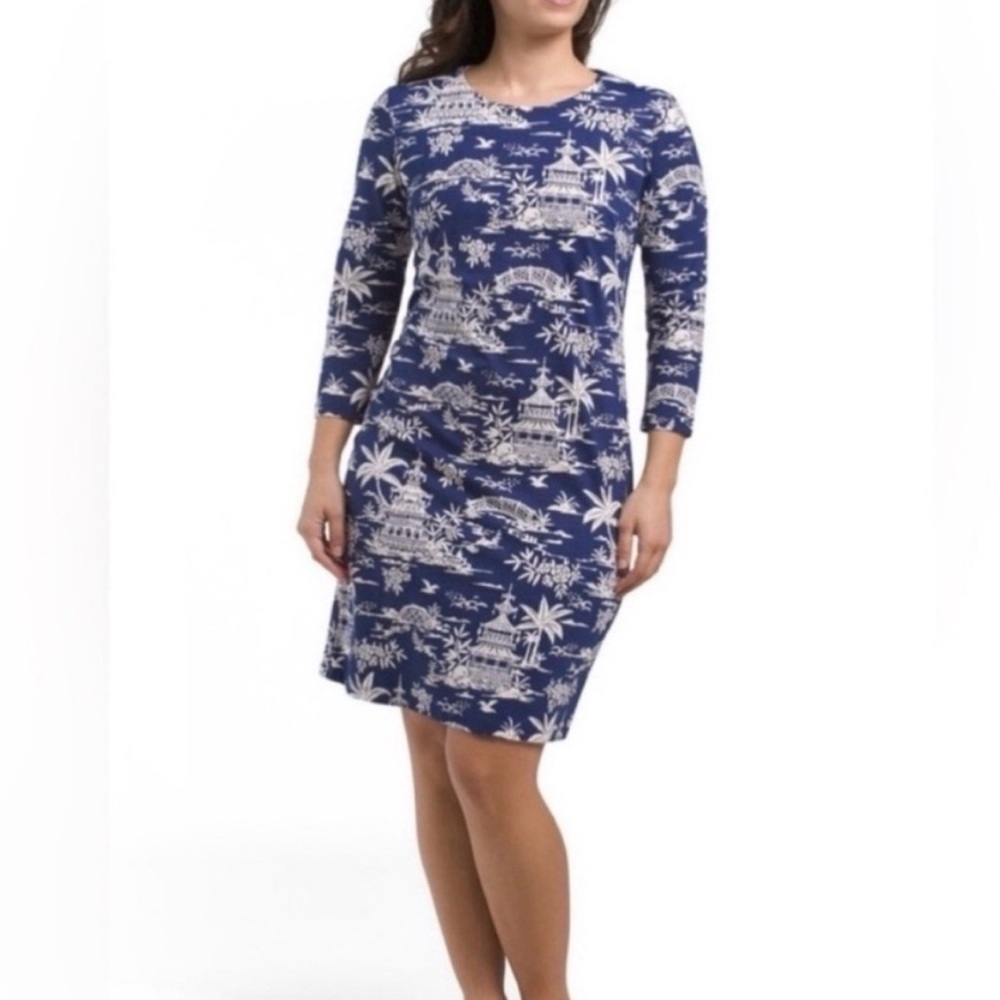 J. McLaughlin Sophia Dress Tongsai Palm Print 3/4 Sleeve Navy/White-Small-NWT